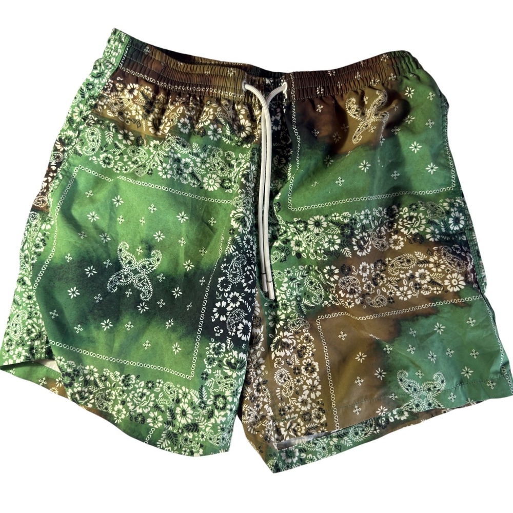 Zara Bandana Patchwork Swim‎ Trunks Green Mens Medium Paisley Beach Shorts Clean